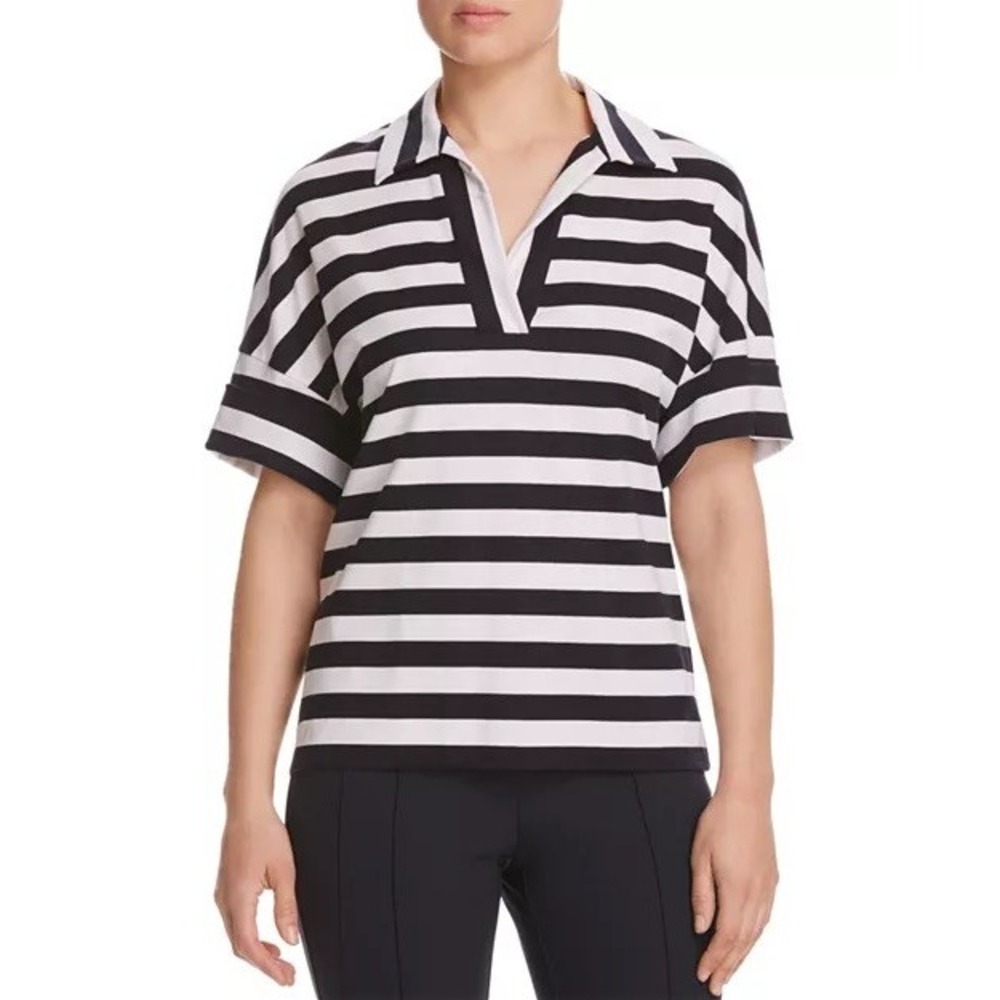 Bloomingdale's Lafayette 148 New York Striped V-Neck Polo Top Navy White Size M